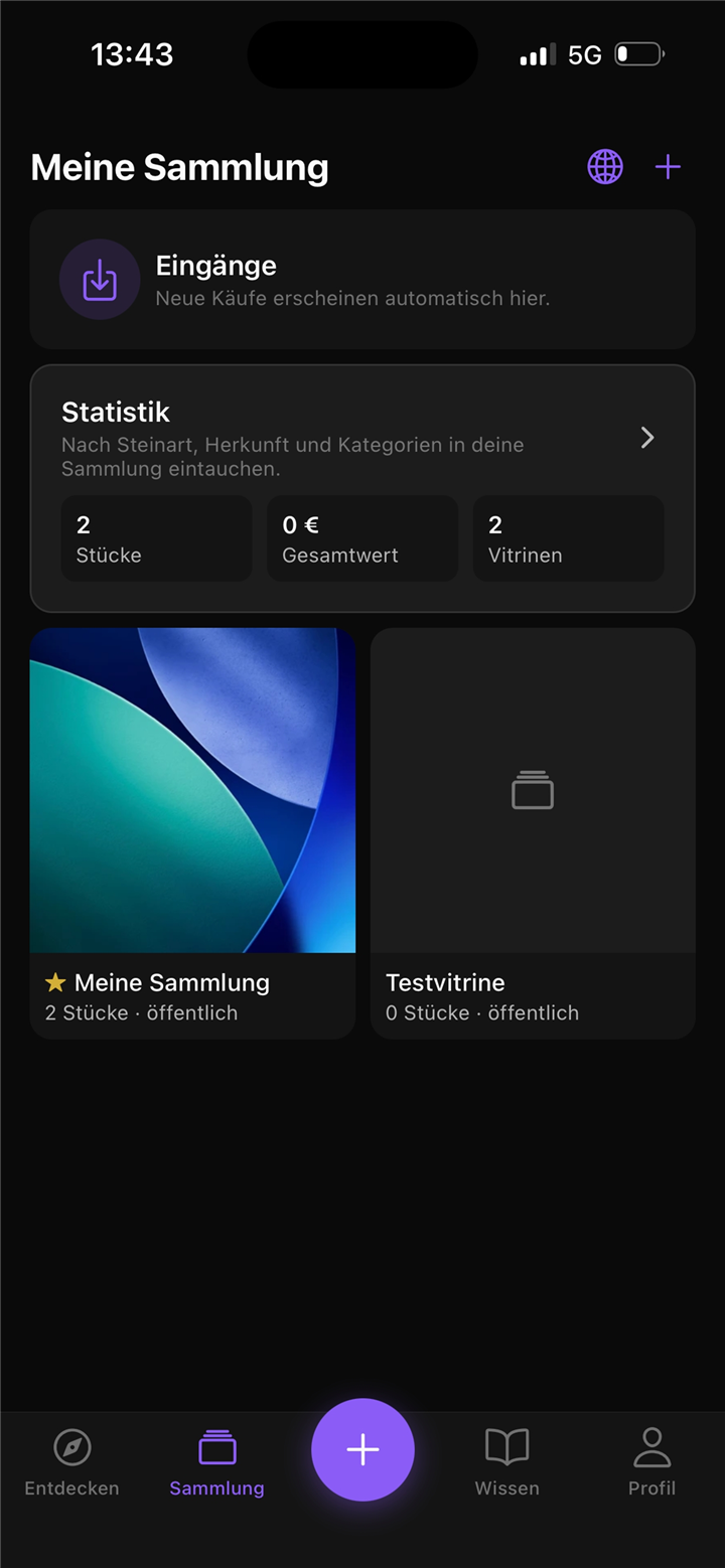 Echter Screenshot der VITRIN App: Meine Sammlung mit Statistik, Gesamtwert und Vitrinen